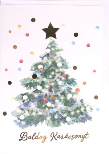 KÉPESLAP+BORÍTÉK, KARÁCSONYFA FELDÍSZÍTVE, BOLDOG KARÁCSONYT FELIRAT