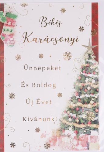 KÉPESLAP+BORÍTÉK, KARÁCSONYFA AJÁNDÉKOKKAL, BÉKÉS KARÁCSONYI ÜNNEPEKET ÉS NAGYON BOLDOG ÚJ ÉVET KÍVÁNUNK! FELIRAT