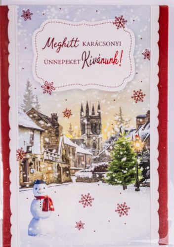 KÉPESLAP+BORÍTÉK, HÓEMBER, HAVAS VÁROS, MEGHITT KARÁCSONYI ÜNNEKEPEKET KÍVÁNUNK! FELIRAT