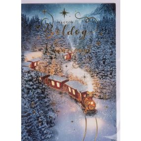   KÉPESLAP+BORÍTÉK, VONAT A HAVAS ERDŐBEN, NAGYON BOLDOG KARÁCSONYT FELIRAT