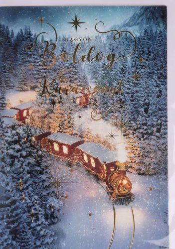 KÉPESLAP+BORÍTÉK, VONAT A HAVAS ERDŐBEN, NAGYON BOLDOG KARÁCSONYT FELIRAT