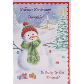   KÉPESLAP+BORÍTÉK, HÓEMBER ÉS KARÁCSONYFA, KELLEMES KARÁCSONYI ÜNNEPEKET ÉS BOLDOG ÚJ ÉVET KÍVÁNUNK! FELIRAT