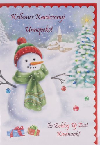 KÉPESLAP+BORÍTÉK, HÓEMBER ÉS KARÁCSONYFA, KELLEMES KARÁCSONYI ÜNNEPEKET ÉS BOLDOG ÚJ ÉVET KÍVÁNUNK! FELIRAT