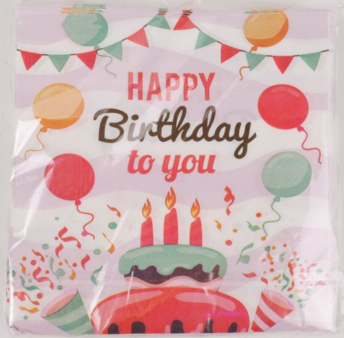 PARTY PAPÍR SZALVÉTA, 20 DARABOS, HAPPY BIRTHDAY FELIRATTAL, TORTÁS