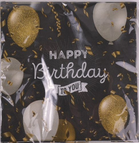 PARTY PAPÍR SZALVÉTA, 20 DARABOS, HAPPY BIRTHDAY FELIRATTAL, ARANY FEKETE