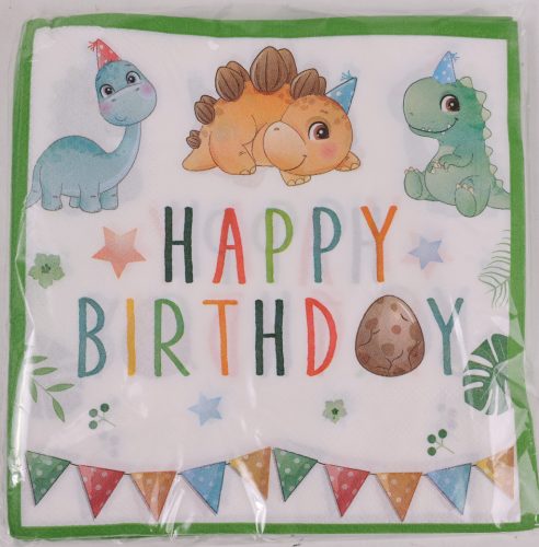 PARTY PAPÍR SZALVÉTA, 20 DARABOS, HAPPY BIRTHDAY FELIRATTAL, DINÓS