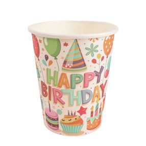   PARTY PAPÍR POHÁR, 10 DARABOS, HAPPY BIRTHDAY FELIRATTAL, SÜTEMÉNY ÉS LUFIK