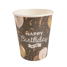   PARTY PAPÍR POHÁR, 10 DARABOS, HAPPY BIRTHDAY FELIRATTAL, ARANY FEKETE