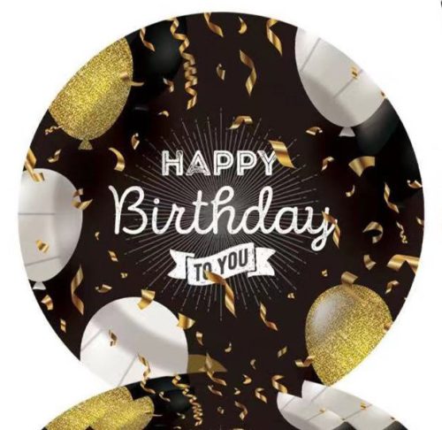 PARTY PAPÍR TÁNYÉR, 10 DARABOS, HAPPY BIRTHDAY FELIRATTAL, ARANY FEKETE