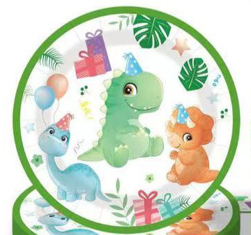PARTY PAPÍR TÁNYÉR, 10 DARABOS, HAPPY BIRTHDAY FELIRATTAL, DINÓS