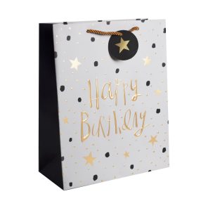   PAPÍRTASAK MATT, ARANY FÉNYES NYOMÁSSAL, ZSINÓR FÜLLEL, HAPPY BIRTHDAY FELIRAT, SZÜRKE