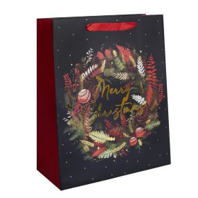   PAPÍRTASAK MATT, ARANY FÉNYES NYOMÁSSAL, MERRY CHRISTMAS FELIRAT, FEKETE ÉS PIROS, KOSZORÚ