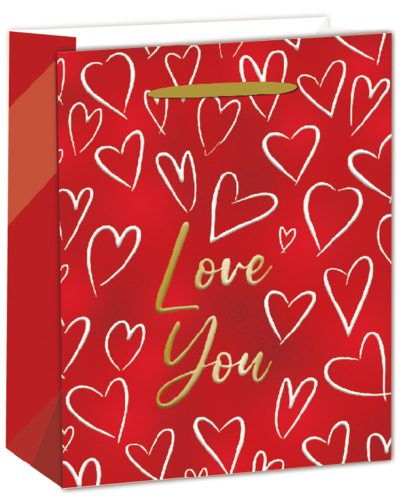 PAPÍRTASAK MATT, ARANY FÉNYES NYOMÁSSAL, PIROS, FEHÉR SZÍVEKKEL,  LOVE YOU  FELIRATTAL