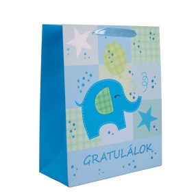   PAPÍRTASAK MATT, KÉK HOLOGRAFIKUS NYOMÁSSAL, GRATULÁLOK FELIRAT, KÉK ELEFÁNT