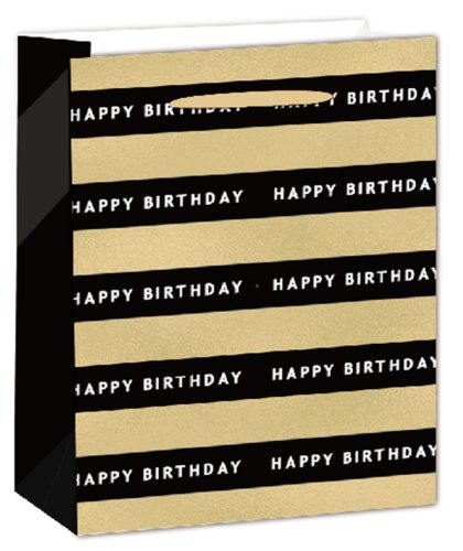 PAPÍRTASAK MATT, HOLOGRAFIKUS ARANY FÉNYES NYOMÁSSAL, FEKETE ÉS ARANY SÁVOK,  HAPPY BIRTHDAY  FELIRATTAL