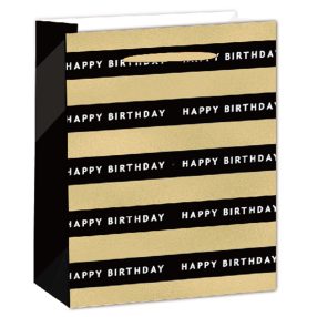   PAPÍRTASAK MATT, HOLOGRAFIKUS ARANY FÉNYES NYOMÁSSAL, FEKETE ÉS ARANY SÁVOK,  HAPPY BIRTHDAY  FELIRATTAL