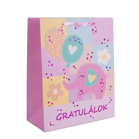   PAPÍRTASAK MATT, RÓZSASZÍN HOLOGRAFIKUS NYOMÁSSAL, GRATULÁLOK FELIRAT, RÓZSASZÍN ELEFÁNT