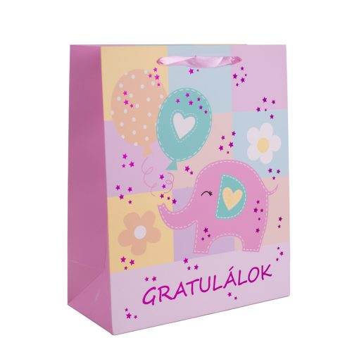 PAPÍRTASAK MATT, RÓZSASZÍN HOLOGRAFIKUS NYOMÁSSAL, GRATULÁLOK FELIRAT, RÓZSASZÍN ELEFÁNT