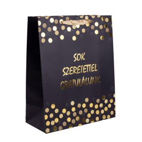   PAPÍRTASAK MATT, ARANY FÉNYES NYOMÁSSAL, FEKETE ALAPON PÖTTYÖS,  SOK SZERETETTEL GRATULÁLUNK FELIRAT