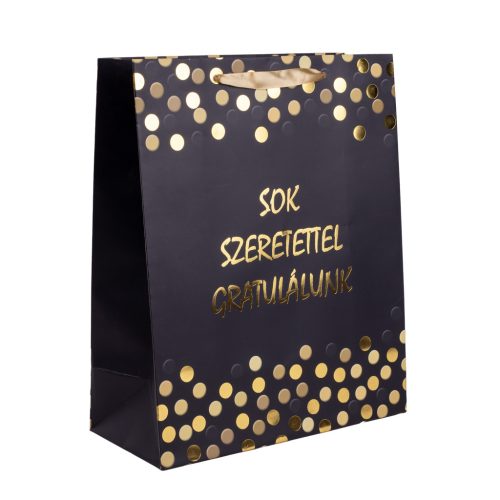 PAPÍRTASAK MATT, ARANY FÉNYES NYOMÁSSAL, FEKETE ALAPON PÖTTYÖS,  SOK SZERETETTEL GRATULÁLUNK FELIRAT