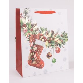   PAPÍRTASAK MATT, ARANY FÉNYES NYOMÁSSAL, KARÁCSONYI ZOKNI ÉS DÍSZEK