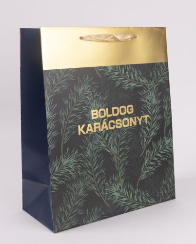 PAPÍRTASAK MATT, ARANY FÉNYES NYOMÁSSAL, ZÖLD FENYŐÁGAK, BOLDOG KARÁCSONYT FELIRAT