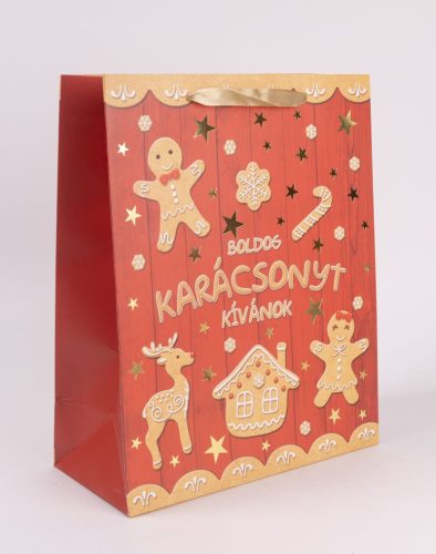 PAPÍRTASAK MATT, ARANY FÉNYES NYOMÁSSAL, MÉZESKALÁCS FIGURÁK, BOLDOG KARÁCSONYT KÍVÁNOK FELIRAT
