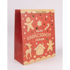   PAPÍRTASAK MATT, ARANY FÉNYES NYOMÁSSAL, MÉZESKALÁCS FIGURÁK, BOLDOG KARÁCSONYT KÍVÁNOK FELIRAT