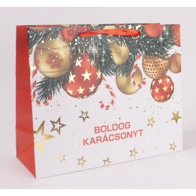   PAPÍRTASAK MATT, ARANY FÉNYES NYOMÁSSAL, ARANY ÉS PIROS DÍSZEK,  BOLDOG KARÁCSONYT FELIRAT