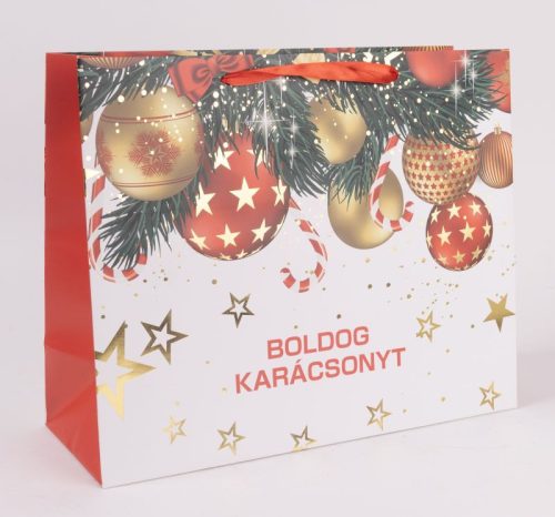 PAPÍRTASAK MATT, ARANY FÉNYES NYOMÁSSAL, ARANY ÉS PIROS DÍSZEK,  BOLDOG KARÁCSONYT FELIRAT