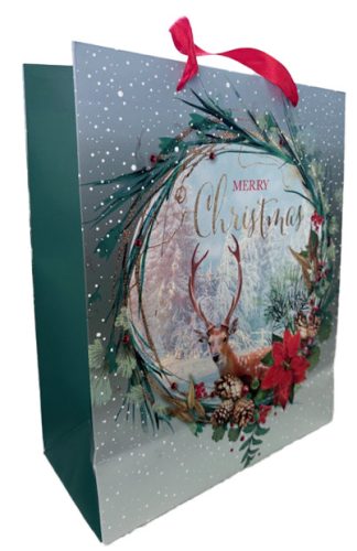 PAPÍRTASAK MATT, ARANY FÉNYES NYOMÁSSAL, KOPOGTAÓBAN SZARVAS,  MERRY CHRISTMAS FELIRAT