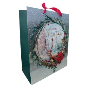   PAPÍRTASAK MATT, ARANY FÉNYES NYOMÁSSAL, KOPOGTAÓBAN SZARVAS,  MERRY CHRISTMAS FELIRAT
