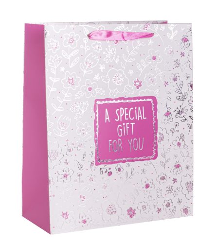 PAPÍRTASAK MATT, SZALAG FÜLLEL, EZÜST NYOMÁSSAL, FEHÉR-PINK A SPECIAL GIFT FOR YOU FELIRATTAL