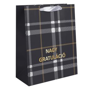   PAPÍRTASAK MATT, SÖTÉTKÉK/SZÜRKE KOCKÁS,  NAGY GRATULÁCIÓ FELIRAT
