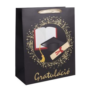   PAPÍRTASAK MATT, FEKETE, OKLEVÉL,  GRATULÁCIÓ  FELIRATTAL