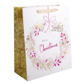   PAPÍRTASAK MATT, ARANY FÉNYES NYOMÁSSAL, MERRY CHRISTMAS FELIRATTAL, FEHÉR/RÓZSASZÍN KOPOGTATÓ