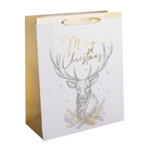   PAPÍRTASAK MATT, ARANY FÉNYES NYOMÁSSAL, MERRY CHRISTMAS FELIRATTAL, RÉNSZARVAS FEJ, FEHÉR
