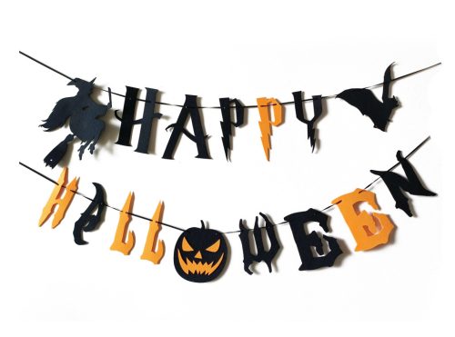 HALLOWEEN DEKORÁCIÓ, FILC GIRLAND, FEKETE NARANCSSÁRGA