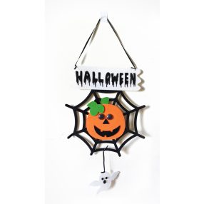   HALLOWEEN DEKORÁCIÓ, AKASZTÓS, FILC PÓKHÁLÓ, TÖKKEL ÉS SZELLEMMEL, FEKETE NARANCSSÁRGA FEHÉR