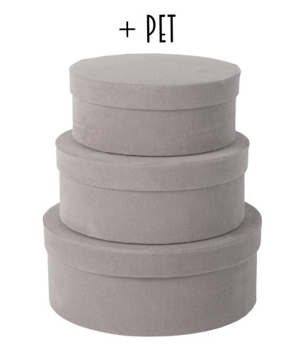 PAPÍRDOBOZ FLOKKOLT SZETT, 3 DARABOS, KEREK ALAKÚ, BETONSZÜRKE