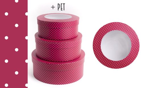 PAPÍRDOBOZ SZETT, 3 DARABOS, KEREK, ABLAKOS, PERSIAN RED, SILENCE PÖTTYÖKKEL + PET