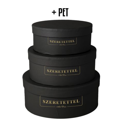 PAPÍRDOBOZ SZETT MŰANYAG BETÉTTEL, 3 DARABOS, KEREK, FEKETE, ARANY KERETES SZERETETTEL FELIRAT