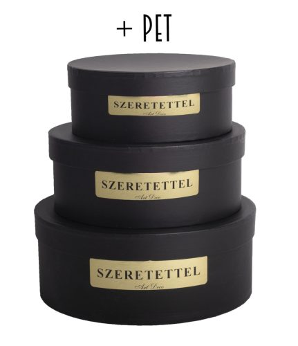 PAPÍRDOBOZ SZETT MŰANYAG BETÉTTEL, 3 DARABOS, KEREK, FEKETE, TÖMÖR ARANY SZERETETTEL FELIRAT