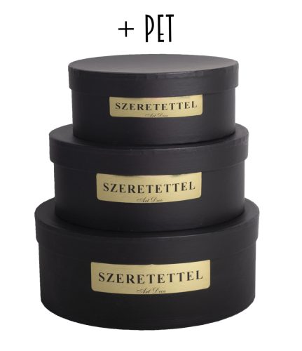 PAPÍRDOBOZ SZETT MŰANYAG BETÉTTEL, 3 DARABOS, KEREK, FEKETE, TÖMÖR ARANY SZERETETTEL FELIRAT