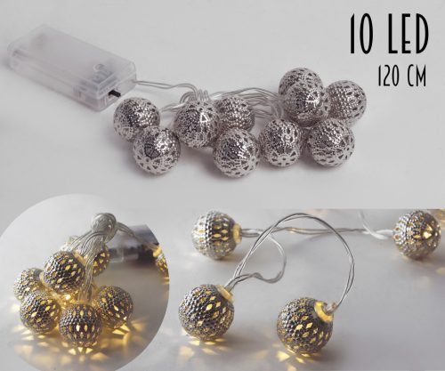 VILÁGÍTÓ GÖMBGIRLAND, 10 LEDDEL, ELEMES, PEZSGŐ SZÍNŰ, MELEG FEHÉR FÉNYŰ