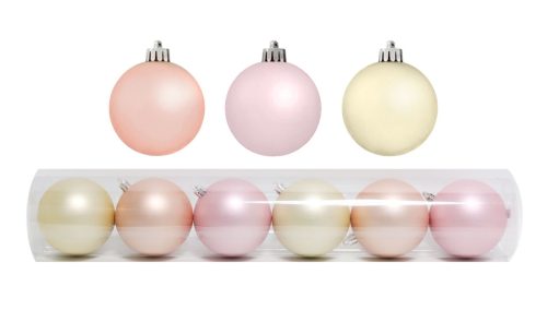 KARÁCSONYI DÍSZ GÖMB SZETT PVC CSŐBEN, 6 DARABOS, PINK-BARACK-PÚDER