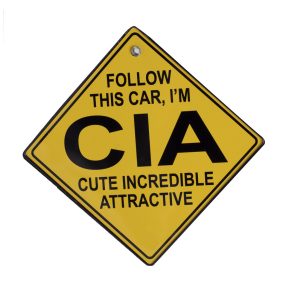   KRESZ TÁBLA FOLLOW THIS CAR, I'M CIA, CUTE INCREDIBLE ATTRACTIVE FELIRAT