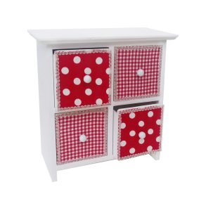  FA ÉKSZERTARTÓ SZEKRÉNY, 4 FIÓKOS, PIROS FEHÉR PÖTTYÖS