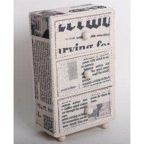   FA ÉKSZERTARTÓ SZEKRÉNYKE, 3 FIÓKOS, ÚJSÁGPAPÍR MINTÁS